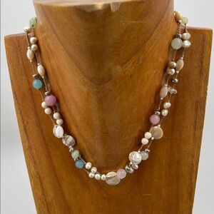 2.7.26-29 Silvertone Multi-Color Pearl, Shell & Quartzite Beaded Necklace (8.5”+